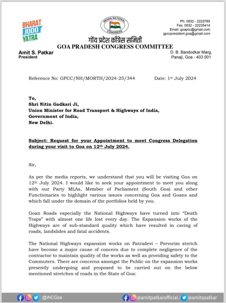 CONGRESS SEEKS MORTH MINISTER NITIN GADKARI’S APPOINTMENT TO DISCUSS ON FATAL ACCIDENTS, POOR QUALITY WORKS & BYPASS ISSUES