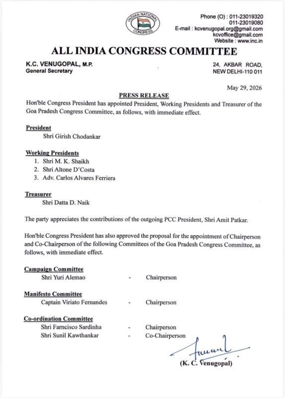 Congress Brings Back Girish Chodankar to Lead Goa Unit